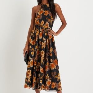 Lulus Charming Vision Black Floral Swiss Dot Lurex Halter Midi Dress - Size S